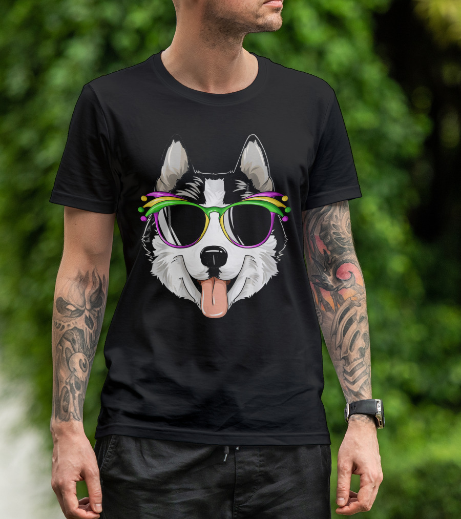 Husky Mardi Gras Carnival Mask Sunglasses Dog T-Shirt