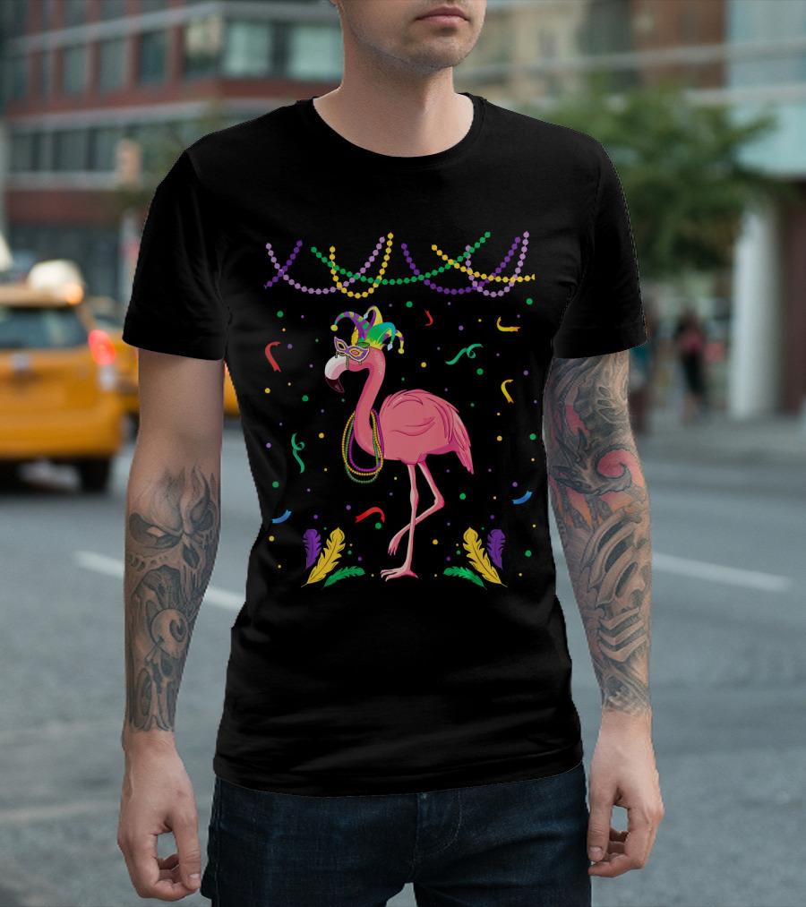Flamingo Mardi Gras Beads and Mask T-Shirt