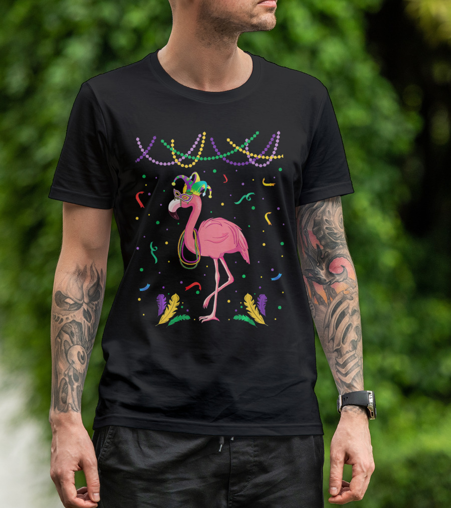 Flamingo Mardi Gras Beads And Mask T-Shirt