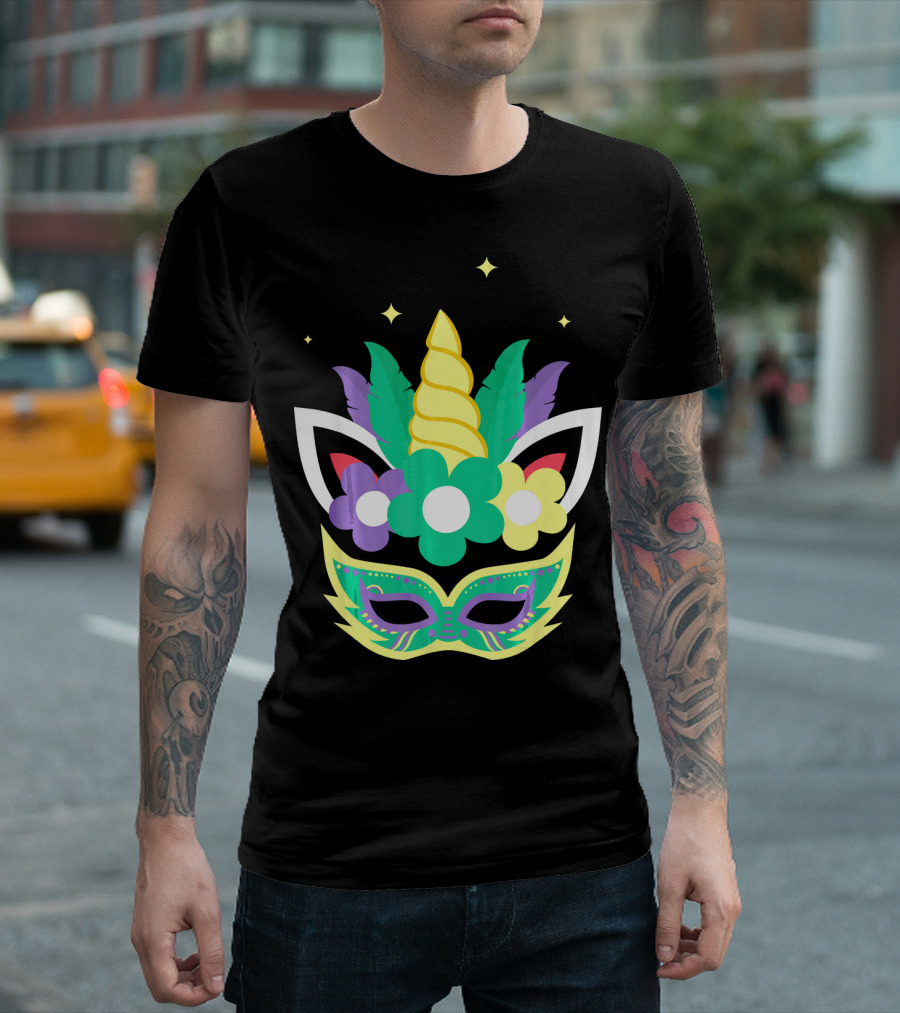 Unicorn Mardi Gras Mask with Flowers and Stars T-Shirt