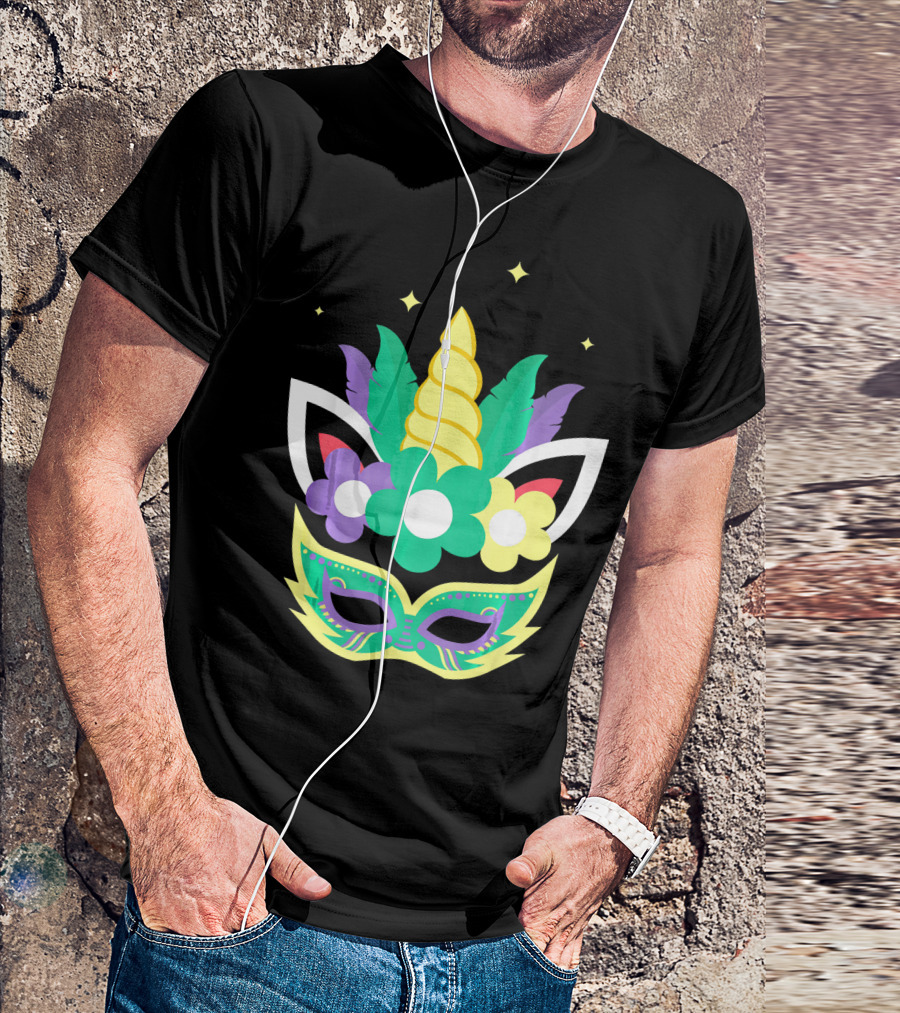 Unicorn Mardi Gras Mask With Flowers And Stars T-Shirt