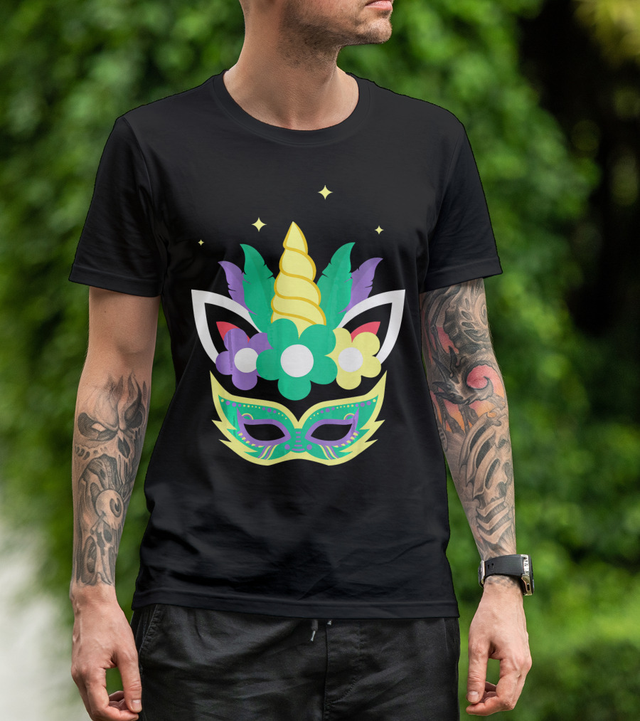 Unicorn Mardi Gras Mask With Flowers And Stars T-Shirt