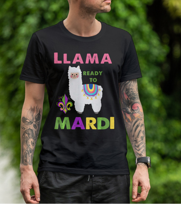 Llama Ready To Mardi Gras Fleur De Lis Festival Colors T-Shirt