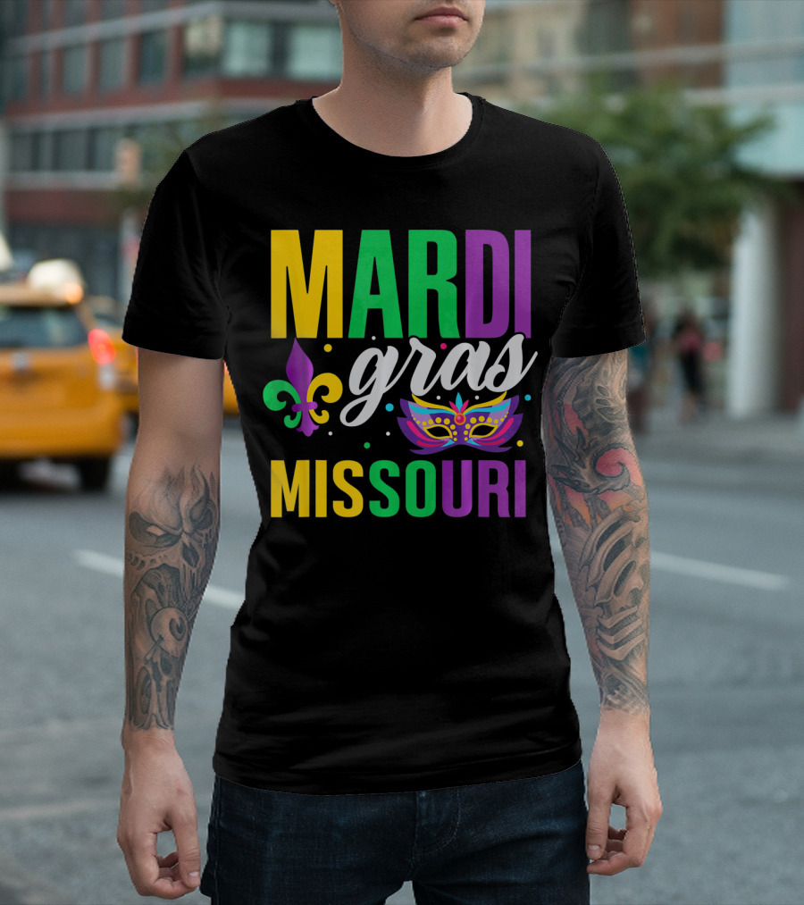 Mardi Gras Missouri Parade Beads Fleur-de-Lis Mask T-Shirt