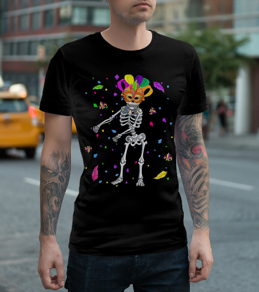 Flossing Skeleton Mardi Gras Jester Hat Beads Masquerade Mask T-Shirt