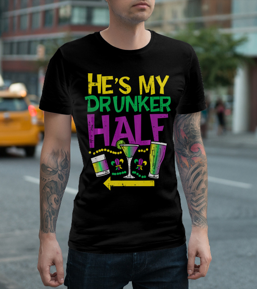 He's My Drunker Half Mardi Gras Couple Matching Party Drink Icons T-Shirt