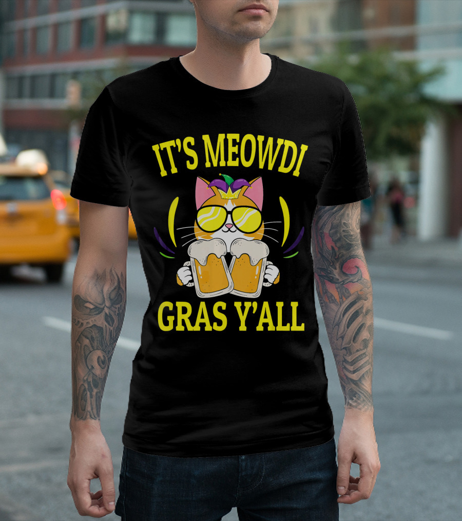 It's Meowdi Gras Y'all Cat With Beers And Sunglasses T-Shirt