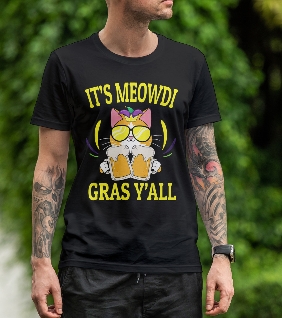 It's Meowdi Gras Y'all Cat With Beers And Sunglasses T-Shirt