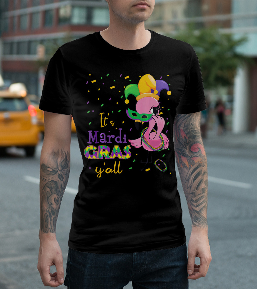 Its Mardi Gras Yall Cute Flamingo Jester Mask Beads T-Shirt