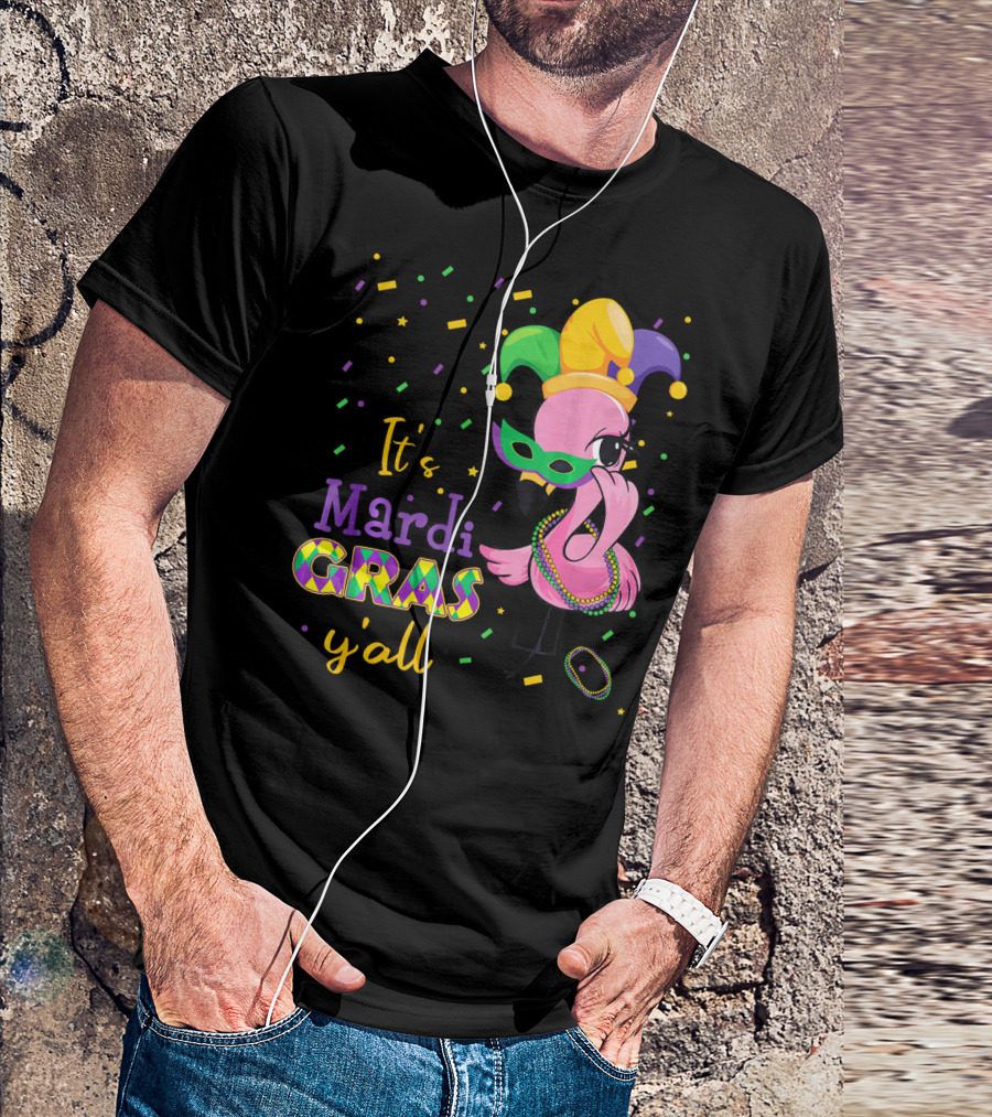 Its Mardi Gras Yall Cute Flamingo Jester Mask Beads T-Shirt