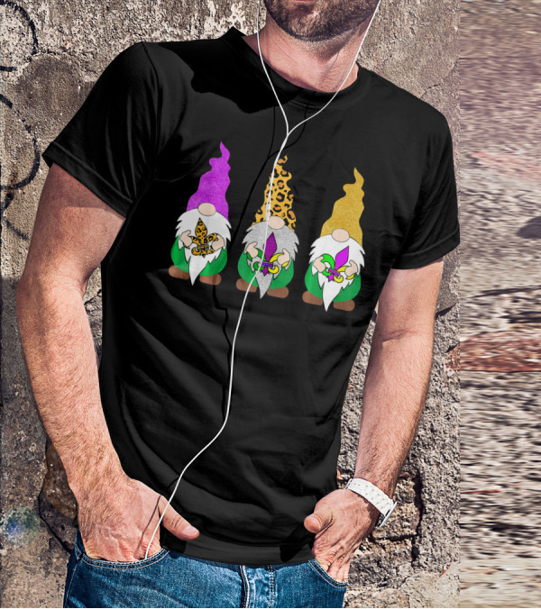 Mardi Gras Festival Colors Glitter Leopard Pattern Gnomes With Fleur-de-Lis T-Shirt