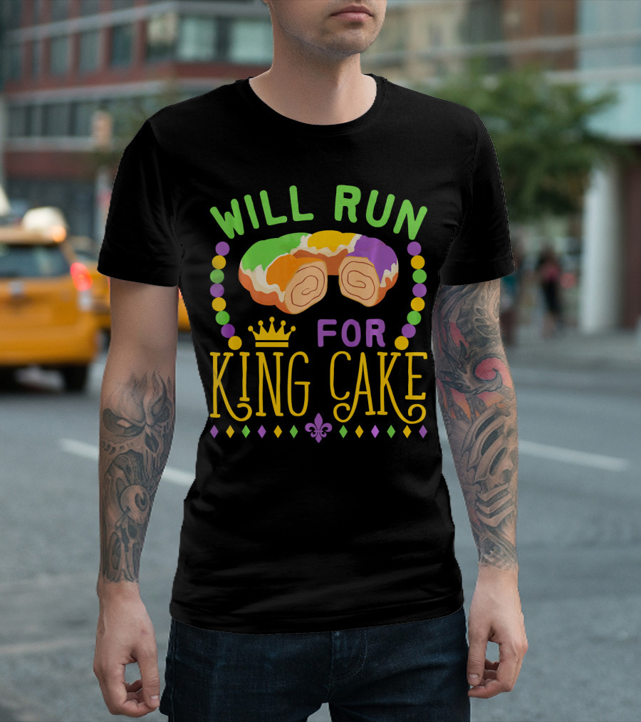 Will Run for King Cake Mardi Gras Festival Beads and Pastry Fleur-de-lis Colors T-Shirt