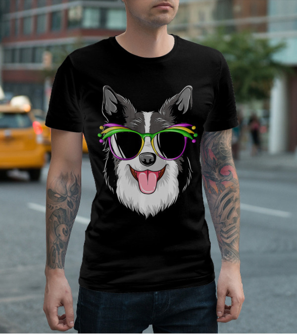 Collie Wearing Mardi Gras Carnival Mask With Colorful Glasses T-Shirt