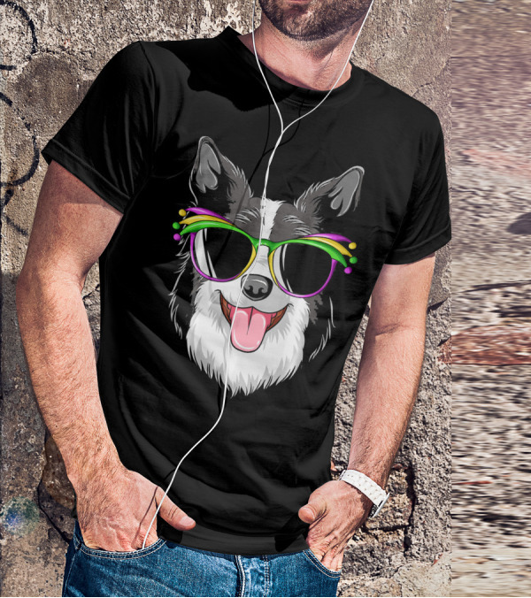 Collie Wearing Mardi Gras Carnival Mask With Colorful Glasses T-Shirt