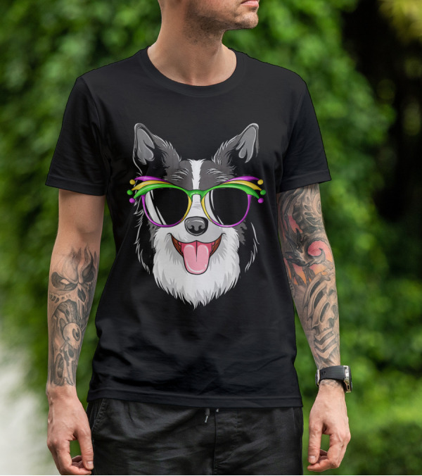 Collie Wearing Mardi Gras Carnival Mask With Colorful Glasses T-Shirt