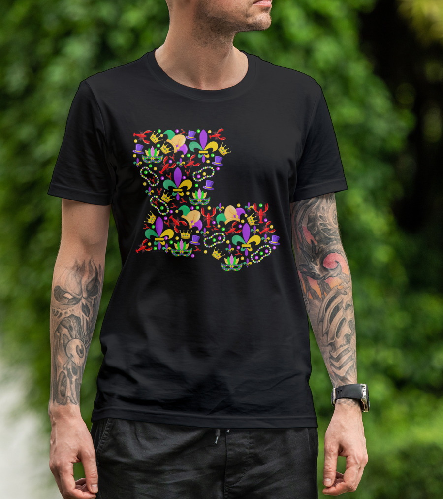 Mardi Gras Crawfish Fleur-de-Lis Beads Crowns Louisiana Map T-Shirt