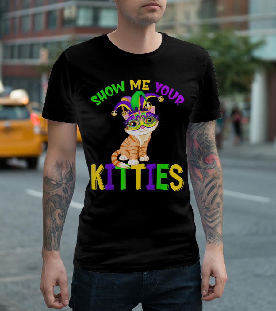 Show Me Your Kitties Cat Lover Jester Mask with Colorful Juggling Hat and Orange Tabby T-Shirt