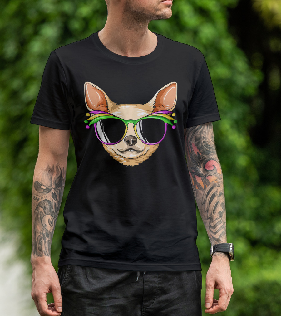 Chihuahua Mardi Gras Carnival Mask Sunglasses T-Shirt