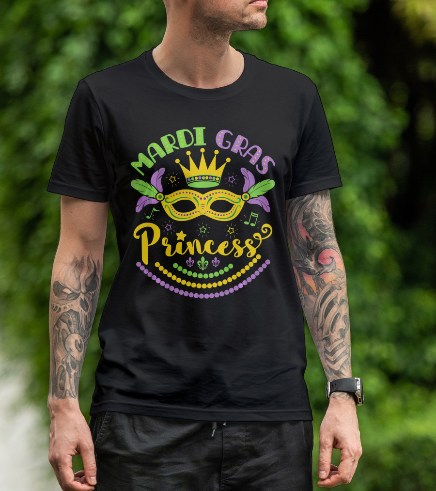 Mardi Gras Princess Crown Mask Beads Fleur-de-Lis Feathers Carnival T-Shirt