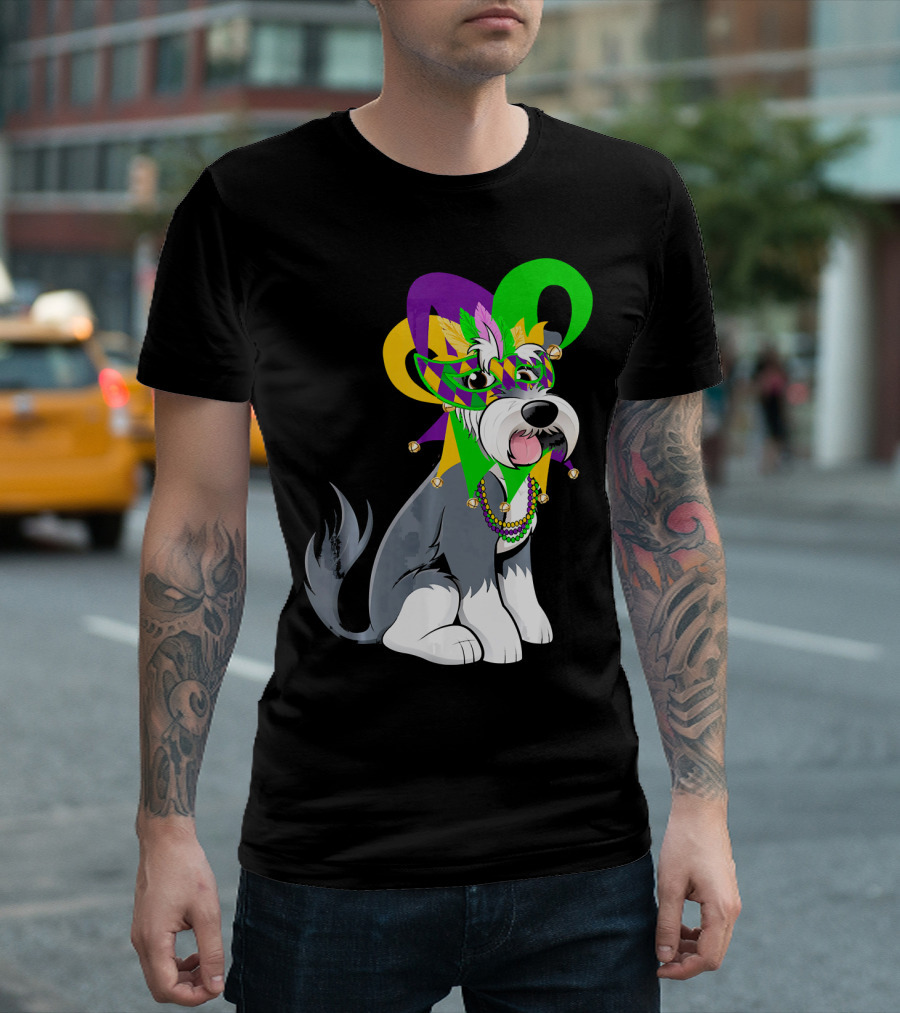 Mardi Gras Schnauzer Dog Mask Beads Feathers Fleur-De-Lis T-Shirt