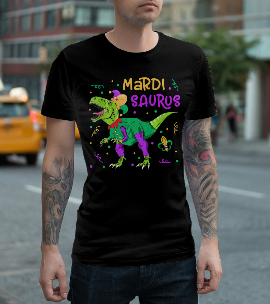 Mardisaurus Rex Dinosaur Mardi Gras Beads Jester Hat Fleur-de-Lis T-Shirt