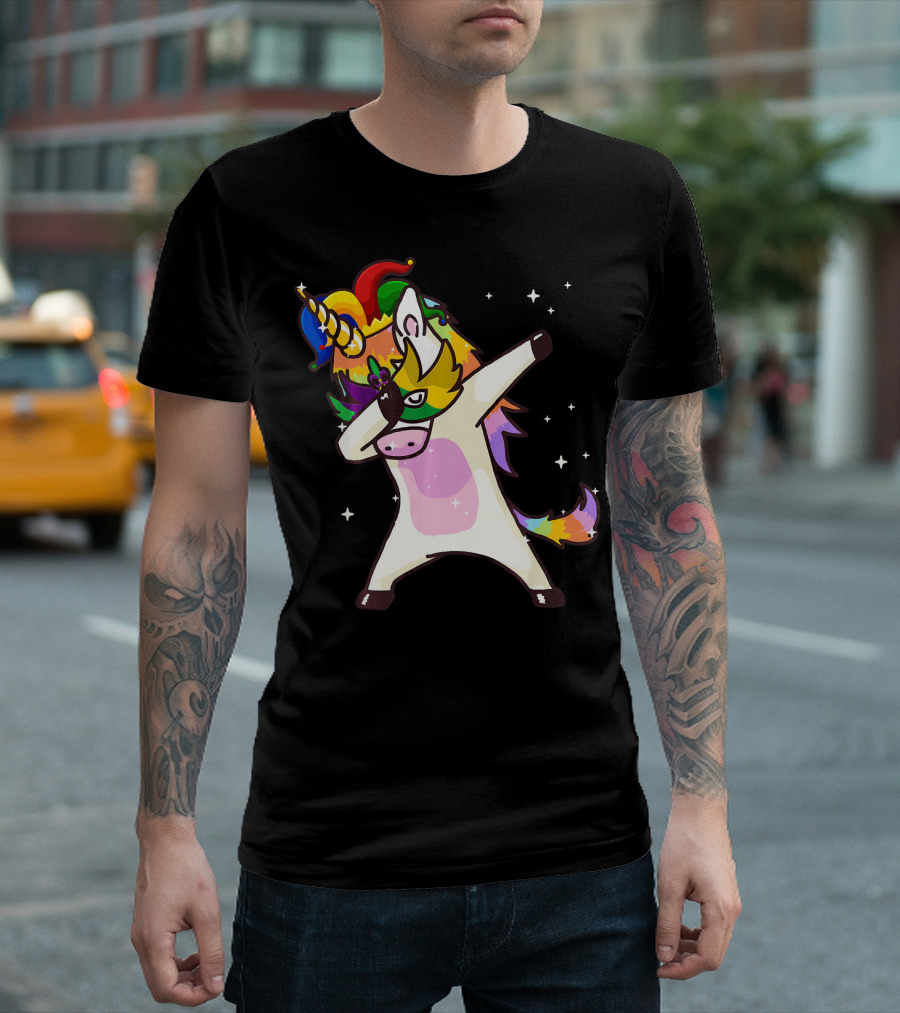 Mardi Gras Dabbing Unicorn Jester Mask Party T-Shirt
