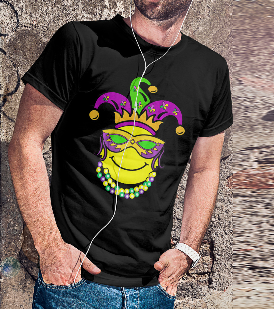 Mardi Gras Emoji Jester Mask Fleur-de-Lis Beads Funny Mardi Gras Lover T-Shirt