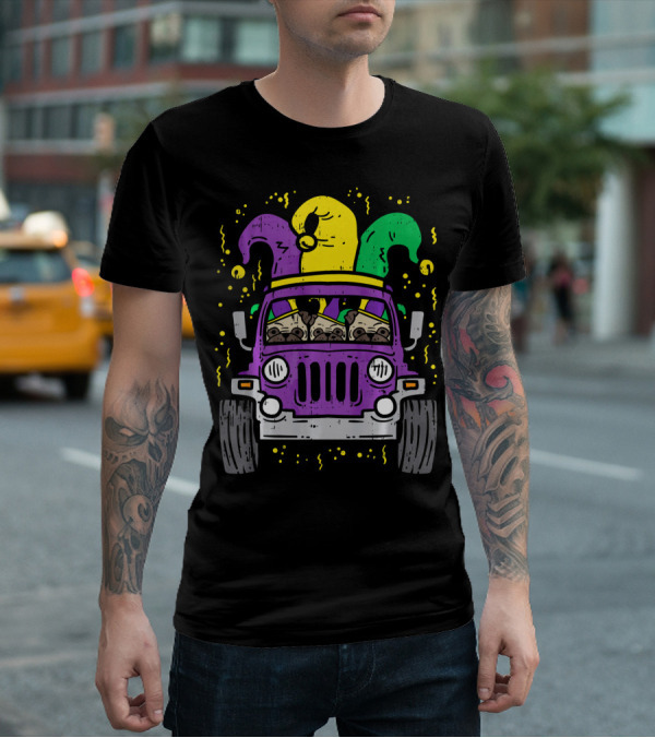 Mardi Gras Jester Pug Dogs In Purple Car T-Shirt