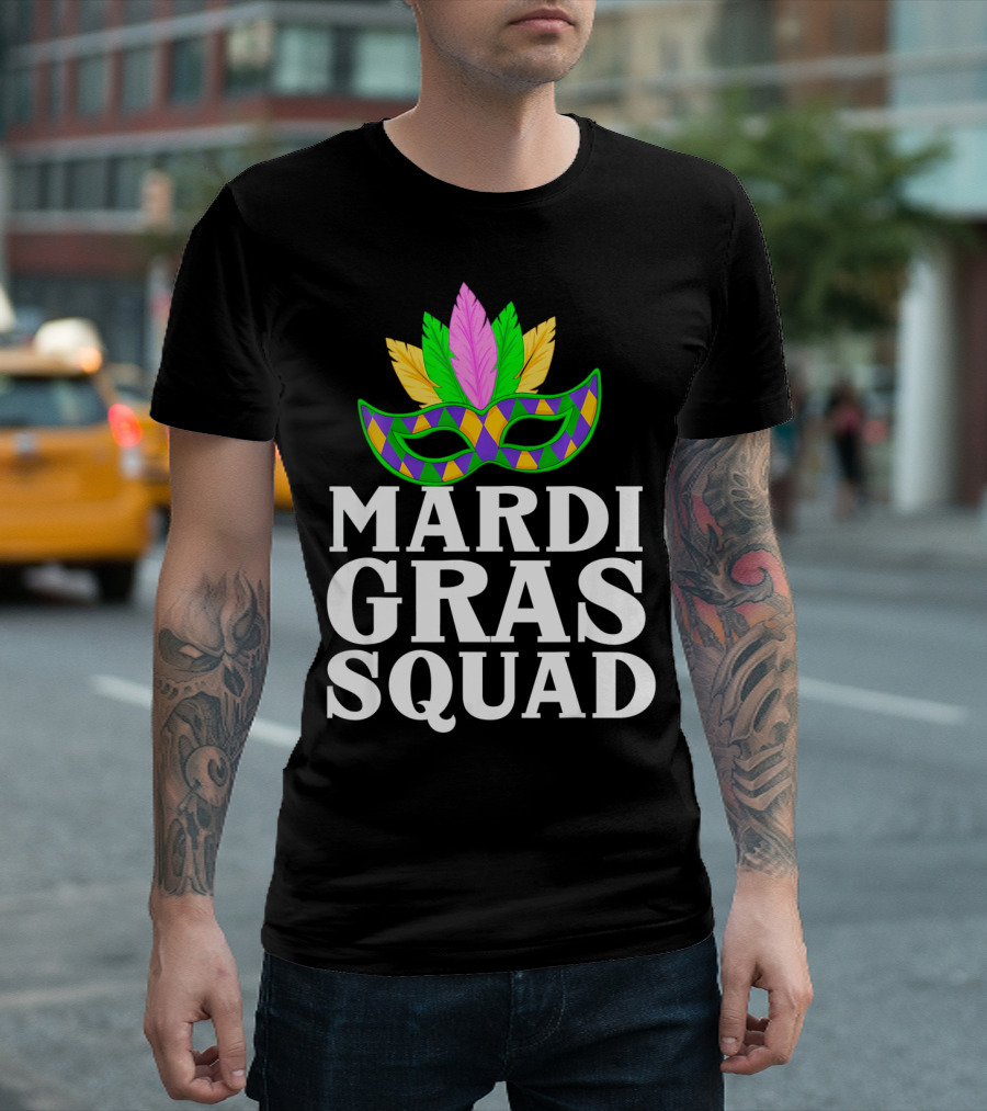 Mardi Gras Squad Colorful Mask and Feathers T-Shirt