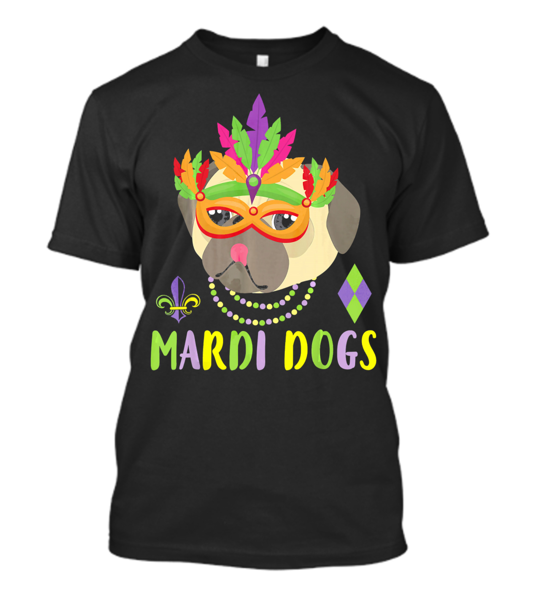 Pug Dog Mardi Gras Beads Mask Fleur De Lis Mardi Dogs Masquerade Costume T-Shirt