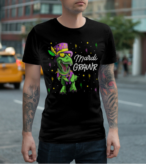 Mardi Grawr T-Rex Dinosaur Mardi Gras Beads And Hat T-Shirt