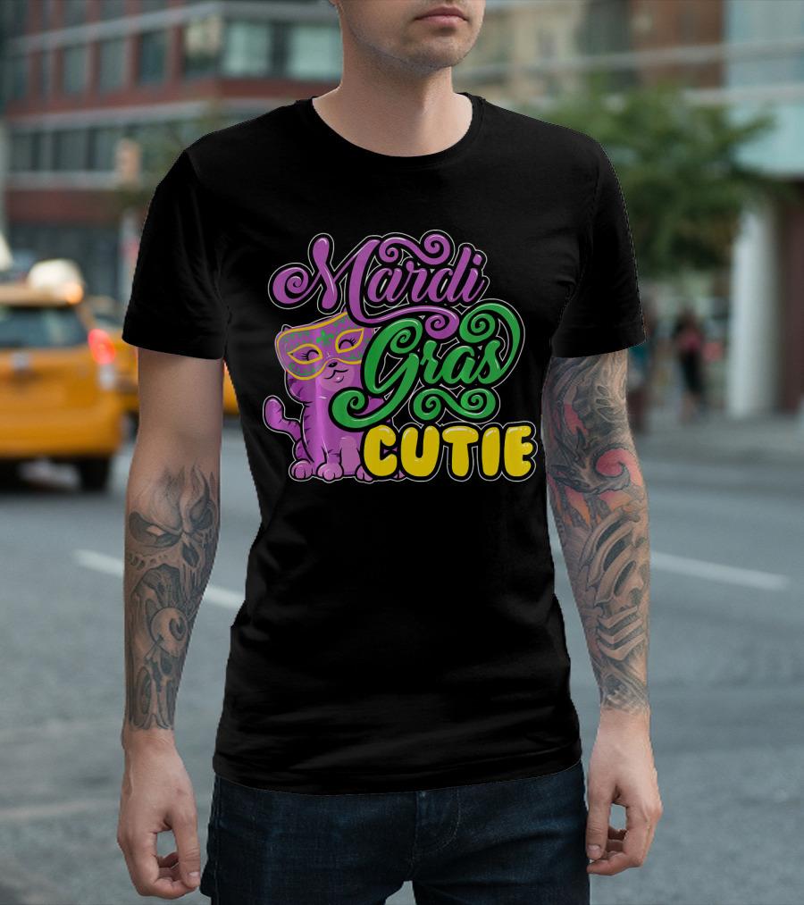 Mardi Gras Cutie Girls Parade Cute Novel Cat With Mask T-Shirt