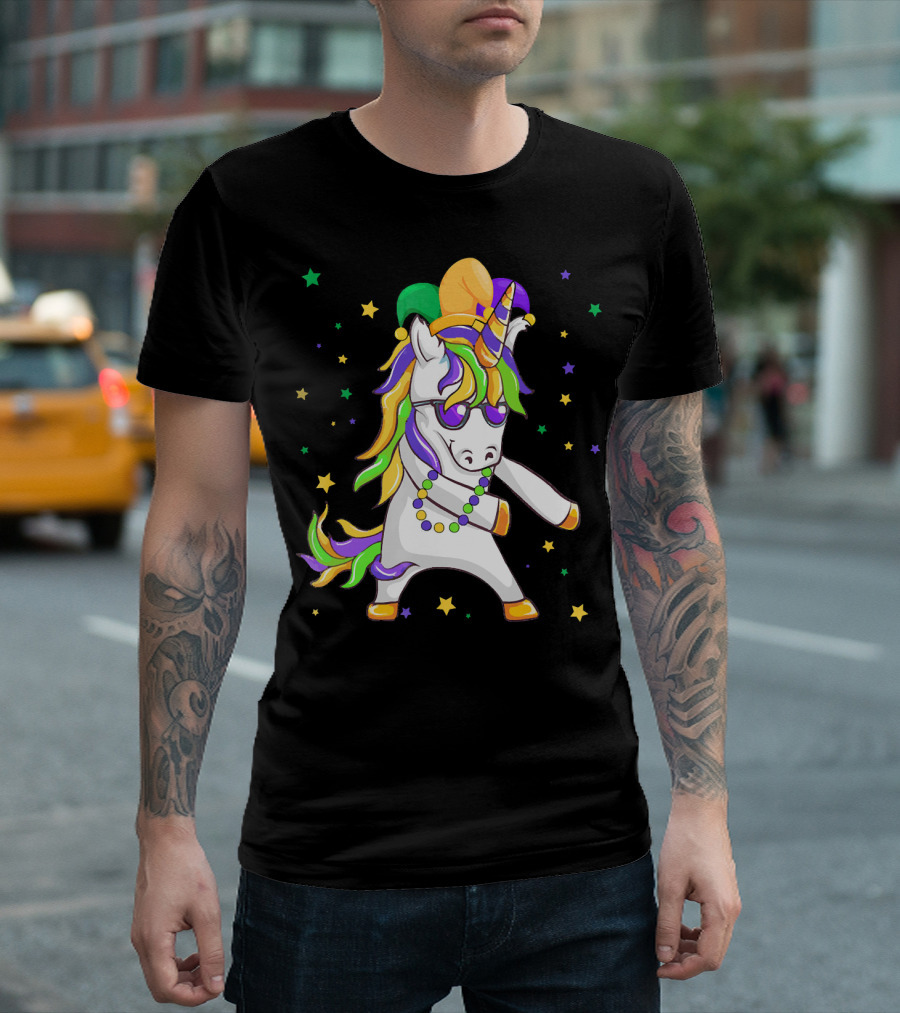 Flossing Unicorn with Mardi Gras Colors and Beads T-Shirt