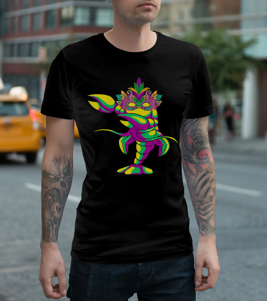 Dabbing Crawfish with Colorful Mardi Gras Mask and Feathers T-Shirt