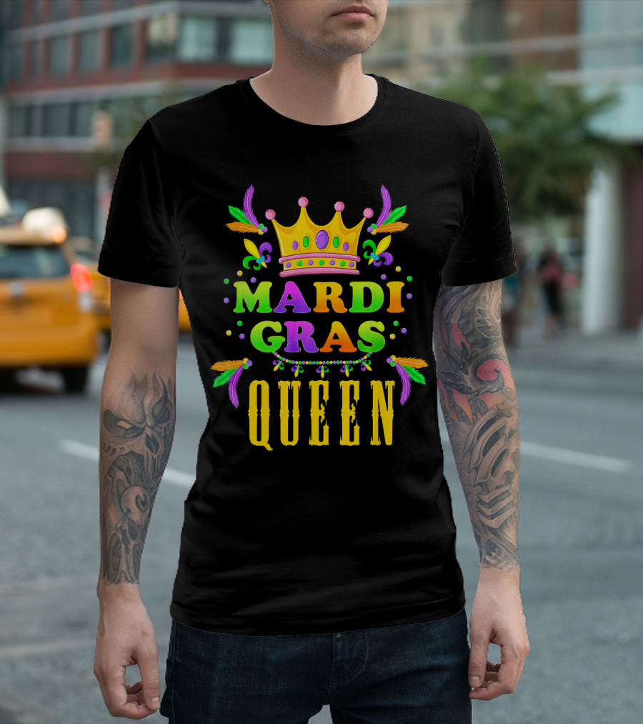 Mardi Gras Queen Colorful Crown Fleur-de-Lis Feathers T-Shirt
