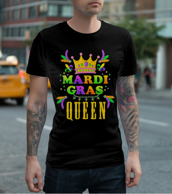Mardi Gras Queen Colorful Crown Fleur-de-Lis Feathers T-Shirt