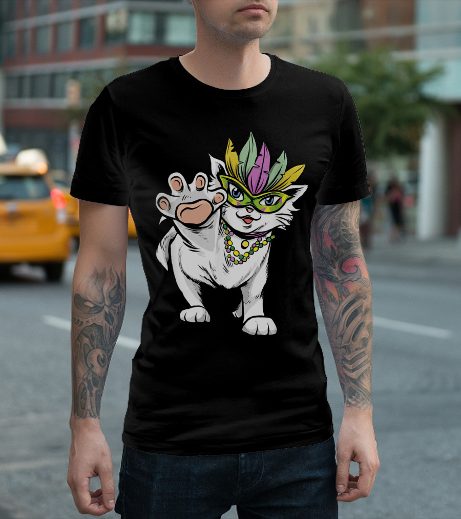 White Cat Mardi Gras Good Luck and Happiness T-Shirt