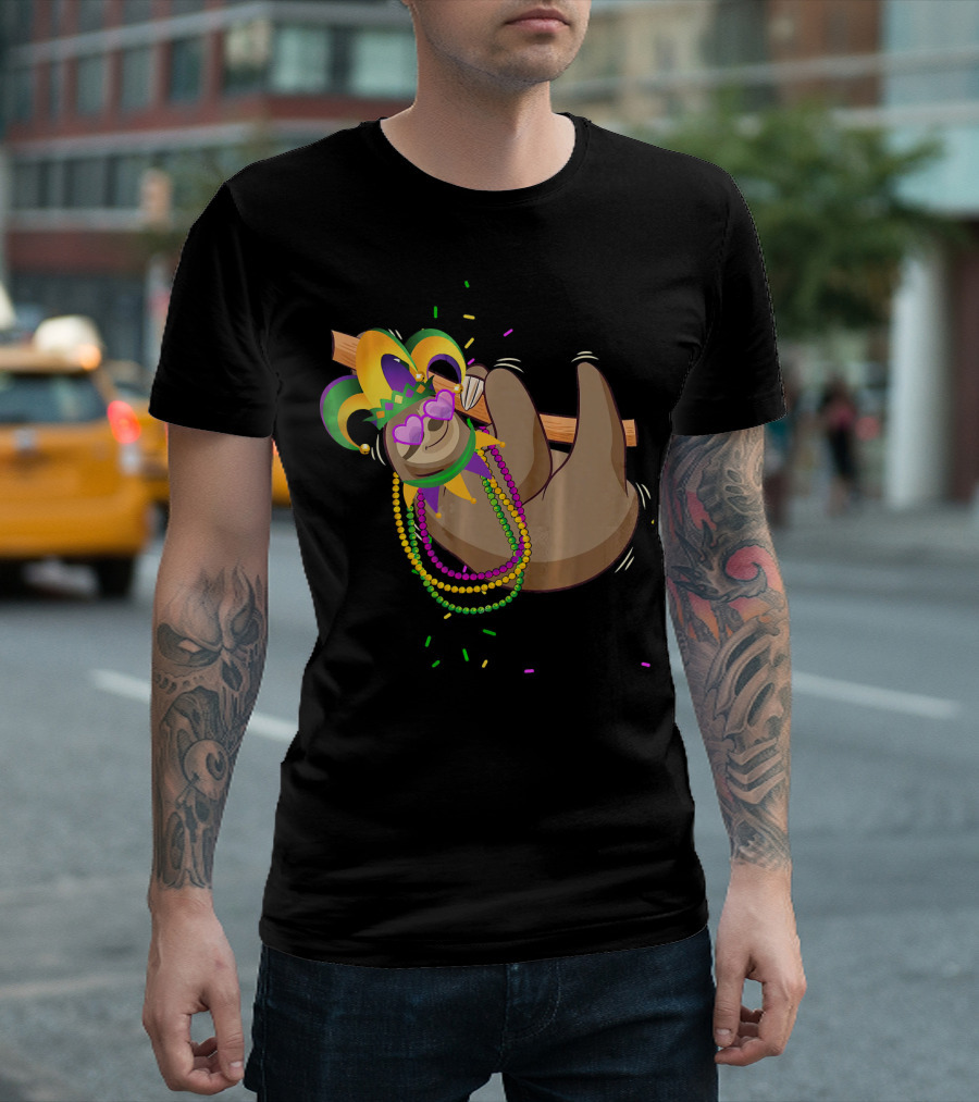 Mardi Gras Sloth Wearing Colorful Beads and Jester Mask T-Shirt