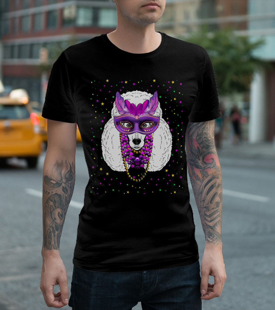Mardi Gras Poodle with Funny Beads and Masquerade Mask T-Shirt