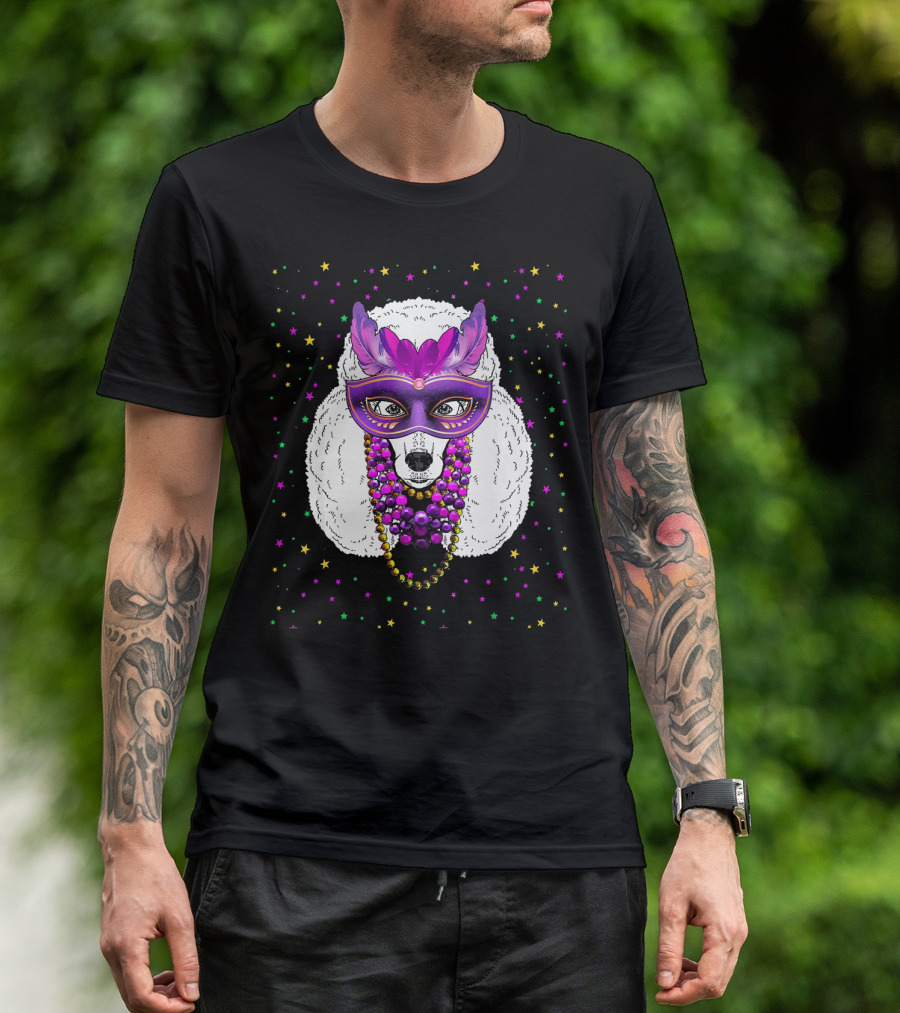 Mardi Gras Poodle With Funny Beads And Masquerade Mask T-Shirt