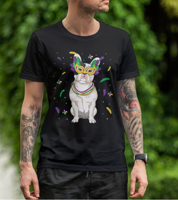 Mardi Gras French Bulldog Mask Beads Fleur-de-Lis Feathers T-Shirt