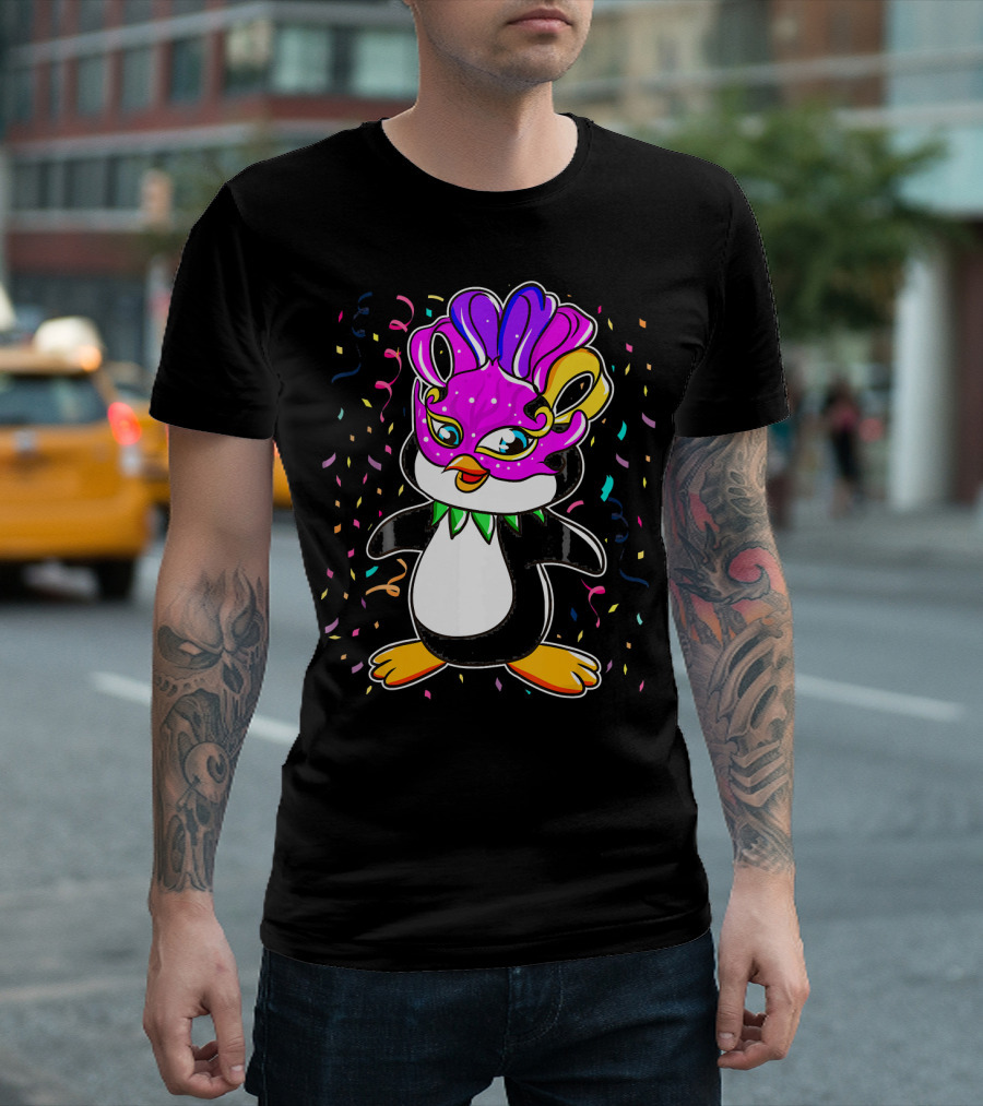 Penguin Mardi Gras Lover Funny Masquerade Festive Confetti T-Shirt