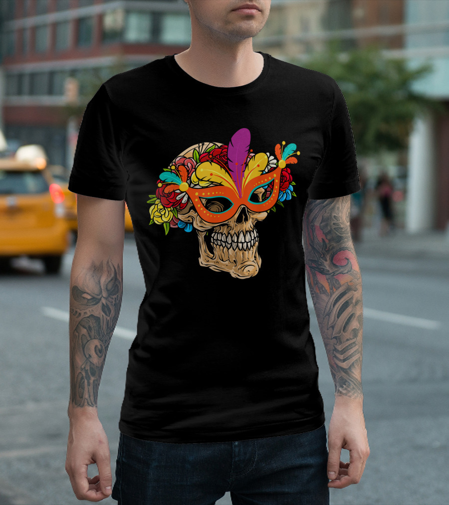 Mardi Gras Skull Mask with Colorful Floral Jester Hat T-Shirt