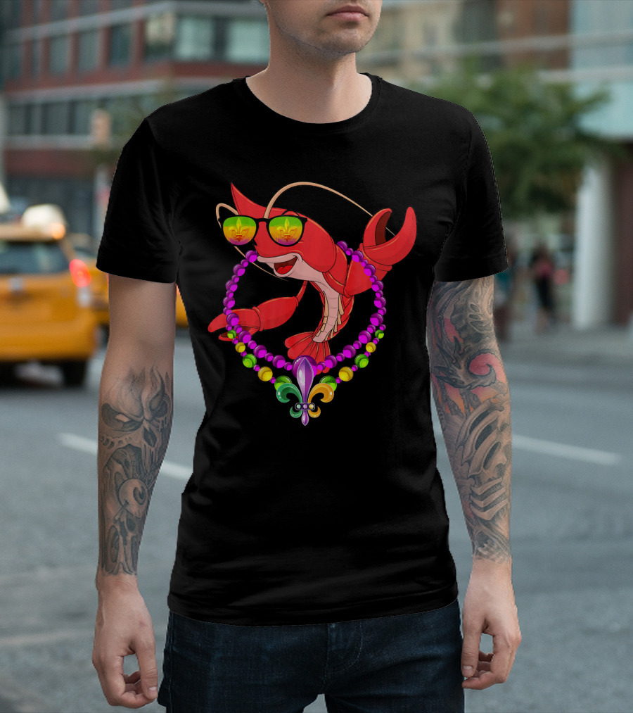Mardi Gras Crawfish with Beaded Fleur-de-Lis and Sunglasses T-Shirt