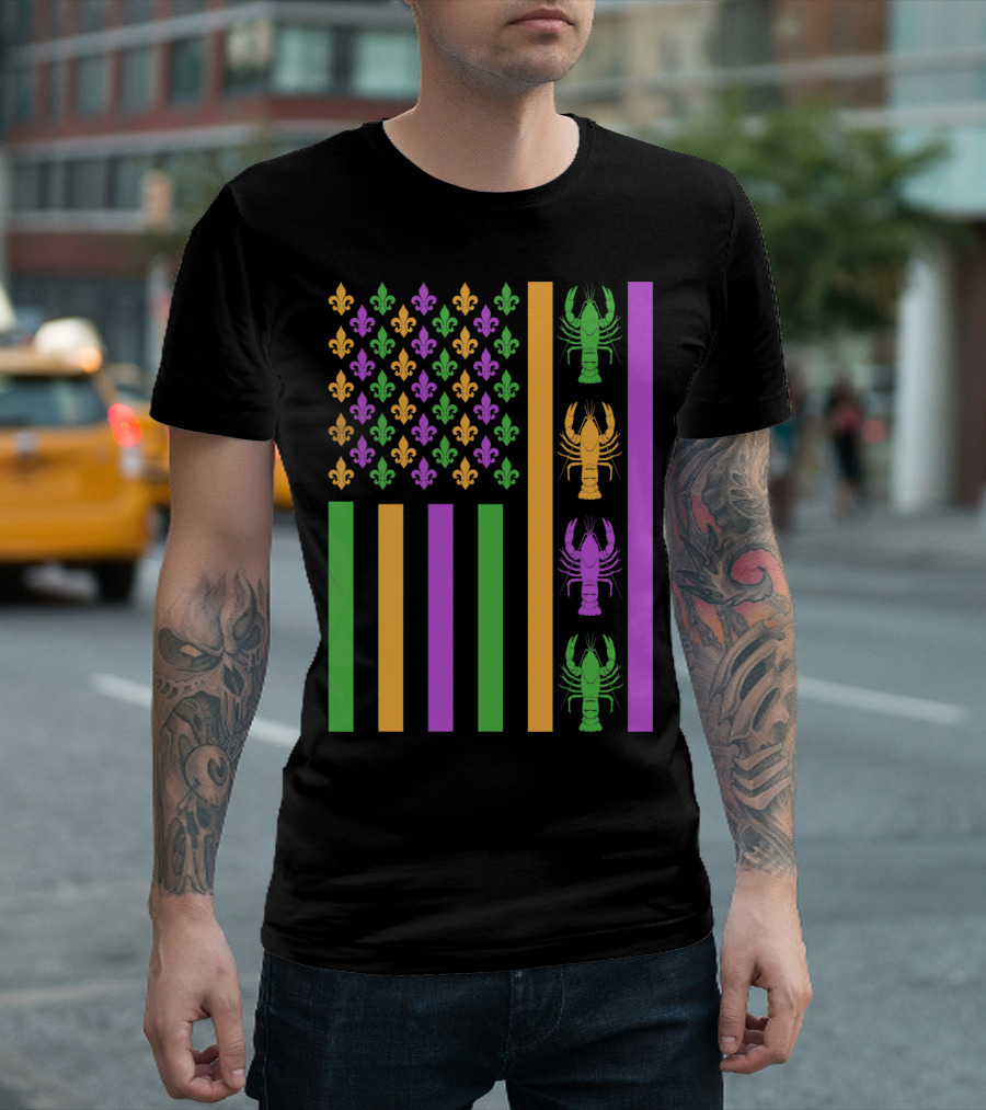 Mardi Gras Flag with Fleur-de-Lis and Crawfish Design in Purple Green and Gold T-Shirt