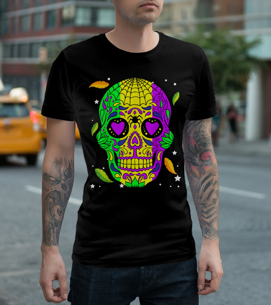 Mardi Gras Skull Jester Hat Colorful Feather T-Shirt