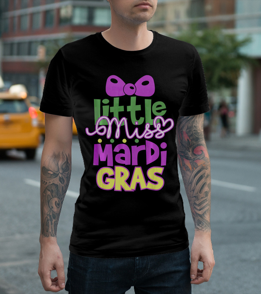 Little Miss Mardi Gras Bow Colorful Letters T-Shirt