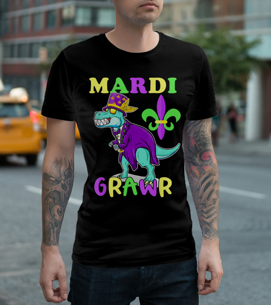 Mardi Grawr Dinosaur Rex New Orleans Fleur de Lis T-Shirt