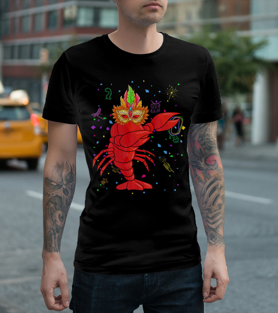 Dabbing Lobster with Mardi Gras Mask and Beads Confetti T-Shirt