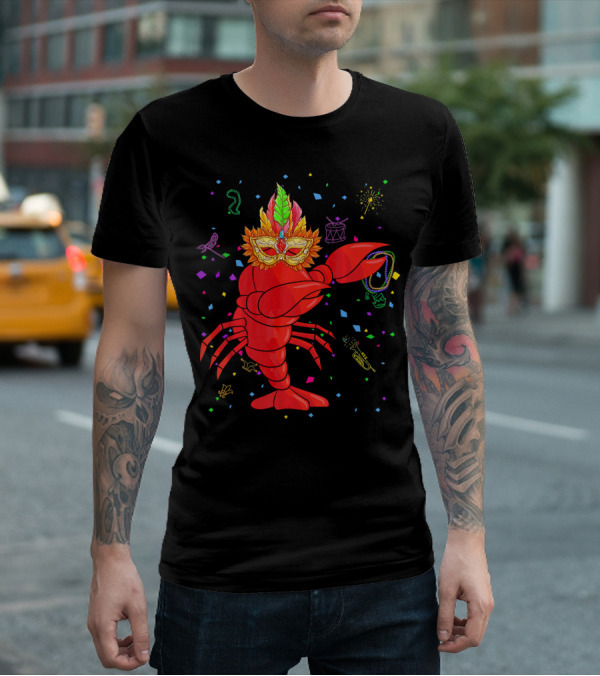 Dabbing Lobster With Mardi Gras Mask And Beads Confetti T-Shirt